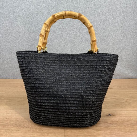 Kim Rogers Vintage Style Woven Straw Purse Bamboo Wooden Handles Black Beachy - Picture 2 of 10